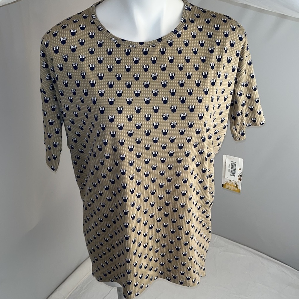 Lularoe Disney Minnie Mouse print olive tan navy Irma short sleeve shirt